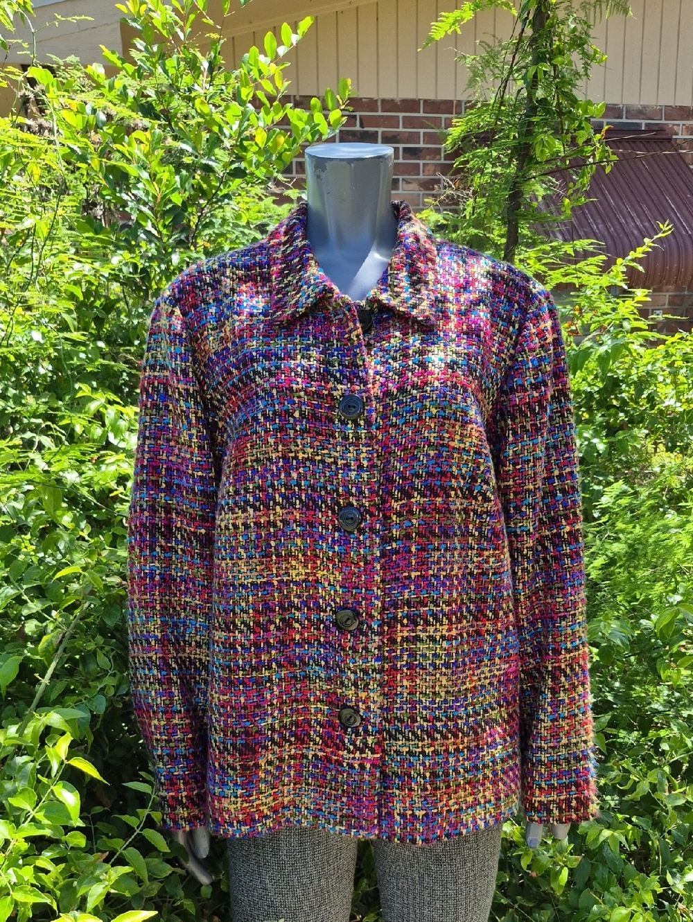 Coldwater Creek Multicolor Tweed Jacket with Bright Red Lining